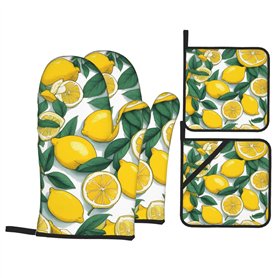 YYHHAOFA Ensemble de 4 pièces de cuisson de cuisine à motif citron jaune – Gant de four isolé et maniques pour une protection an