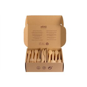 ekhõ The Wood Way! – Jeaux de 300 Couverts Jetables de Bois Durable | 120 Fourchettes + 120 Cuillères + 60 Couteaux Écologiques
