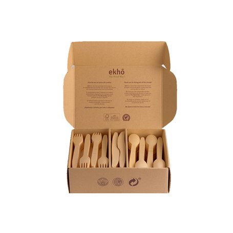 ekhõ The Wood Way! – Jeaux de 300 Couverts Jetables de Bois Durable | 120 Fourchettes + 120 Cuillères + 60 Couteaux Écologiques