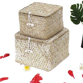 YSGLIFE Panier de Rangement en Jonc de mer avec Couvercle Ensemble de 2 Paniers Empilables Herbe de mer Tissée Paniers Carrés po