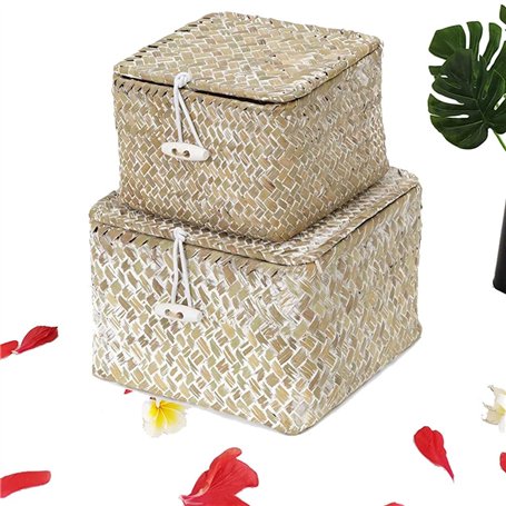 YSGLIFE Panier de Rangement en Jonc de mer avec Couvercle Ensemble de 2 Paniers Empilables Herbe de mer Tissée Paniers Carrés po