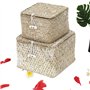 YSGLIFE Panier de Rangement en Jonc de mer avec Couvercle Ensemble de 2 Paniers Empilables Herbe de mer Tissée Paniers Carrés po