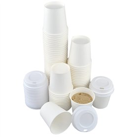 ILIP Lot de 100 gobelets en papier blanc (6 cm x diamètre 6 cm) de 120 ml (4 oz) + 100 couvercles blancs avec enveloppe pour caf