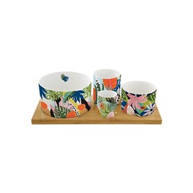 EASY LIFE Set Aperitif 4 Coupelles en Porcelaine sur Plateau Bambou Ambiance Tropicale R1468#VIBE