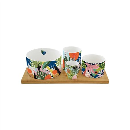 EASY LIFE Set Aperitif 4 Coupelles en Porcelaine sur Plateau Bambou Ambiance Tropicale R1468#VIBE