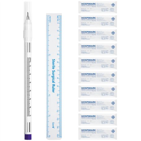 AIESI® Marqueur chirurgical de la peau stylo à pointe fine avec règle HOSPIMARK (Paquet de 10 pièces)