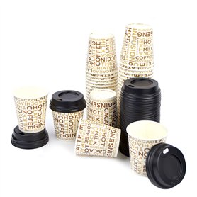 Lot de 100 verres en papier CL 10 (4 oz) décorés avec inscriptions marron pour café + 100 couvercles noirs avec bec