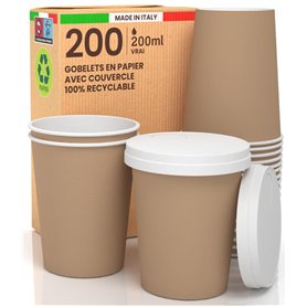 200 verres à café à emporter en papier Havane 200 ml avec couvercle en papier boissons chaudes et froides