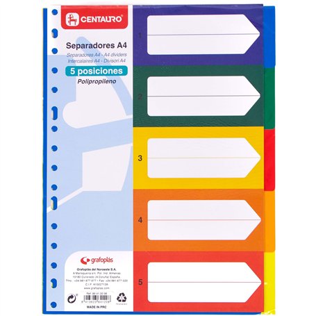 Centauro - Intercalaires de classement 4 anneaux A4 polypropylène