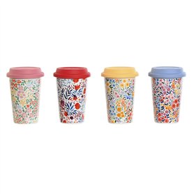 Tasse avec Couvercle DKD Home Decor Multicouleur Fleurs 400 ml (4 Unités)