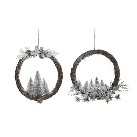 Couronne de Noël DKD Home Decor Naturel osier Ananas Enneigé 46 x 7 x 46 cm (2 Unités)