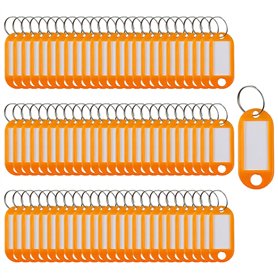 Lot de 100 étiquettes porte-clés en plastique avec anneau fendu Orange