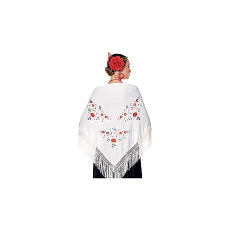 Châle Manille Chulapa Femme 【Taille adulte 150 x 60 cm 】[Couleur blanche] Déguisement Chulapas Châle Flamenco brodé Saint Isidro