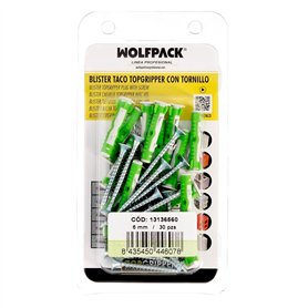 WOLFPACK LINEA PROFESIONAL - Blister Chevilles Topgripper bi-matière avec vis Ø 6 mm. 30 pièces chevilles ancrages universelles