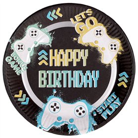 Folat 24966 Vidéo Fournitures Assietes-Level Up-23 cm-8 pièces-Décoration Vaisselle de Fête d'anniversaire Amateurs de Jeux