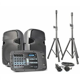 VONYX PSS302 Sono Portable 10" SD/USB/MP3/BT avec Pieds - Amplificateur Intégré - Mini Table de Mixage Intégrée - Puissance de 3