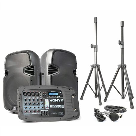 VONYX PSS302 Sono Portable 10" SD/USB/MP3/BT avec Pieds - Amplificateur Intégré - Mini Table de Mixage Intégrée - Puissance de 3