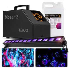 BeamZ B300 Machine à Bulles - 30 Tours/Min avec Grande Roue + 5L de Liquide UV + Barre LED UV