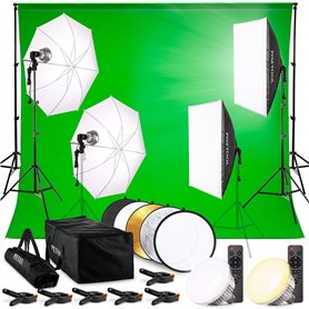 PIXETOOL Kit Studio Photo et Éclairage - Softbox - Écran de Projection - Fond Vert (3 x 3 m) avec Support (3 x 2