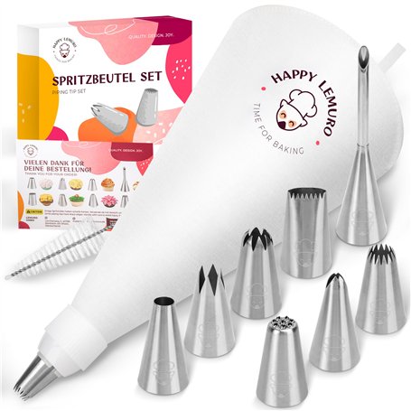 Happy Lemuro Poche à Douille Premium en Coton avec 8 Douilles en Inox. Sac à Poche de 40 cm