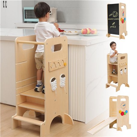 Olvy Kids 4-en-1 Tour d'apprentissage Montessori – Tabouret en Bois – Marchepied Enfant 4 Marches – Tour d’Observation Sécurisée