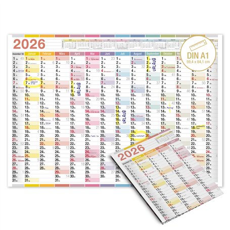 TOBJA Calendrier mural 2026 A1 XXL coloré pour bureau et bureau à domicile