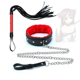 HUNTVE Collier en Peluche en Cuir avec chaîne en métal et Fouet pour Jeux de rôle (Noir et Rouge)