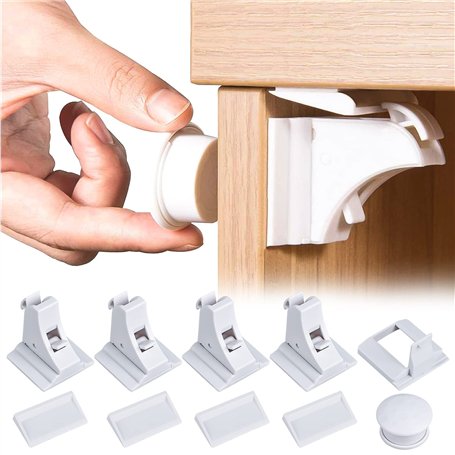 Verrouillage de tiroir pour bébé - Sécurité enfant - Verrou de placard - 4 Serrures + 1 Clé auto-Adhésive - Serrure Invisible po