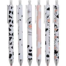 Ensemble De Stylo De Vache Mignon 6pcs Rétractable Dessin Animé Cow Neutral Stylo Noir Gel Encre Point Écriture