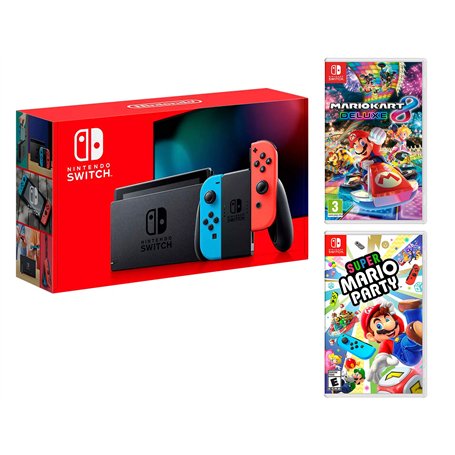 Nintendo Switch Rouge/Bleu Néon 32Go [Nouveau modèle V2] Super Mario Party + Mario Kart 8 Deluxe