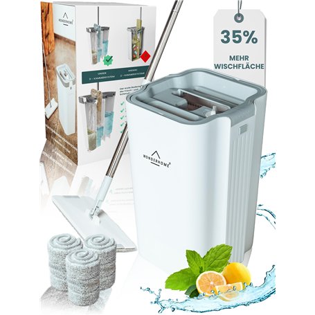 WONDERHOME Set de serpillères avec seau - Balai avec système innovant à 3 compartiments - Essuie-glace avec grand seau de nettoy