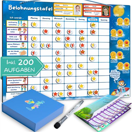 LogiMe® Tableau de récompense pour enfants avec 200 tâches – Planificateur de tâches XL magnétique Montessori – Système de récom