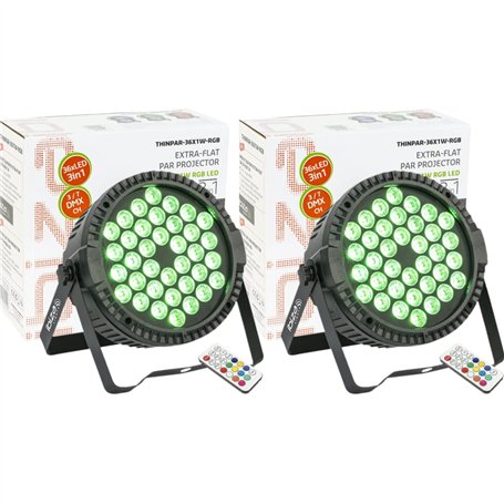 IBIZA LIGHT - Pack de 2 Projecteurs Par THINPAR-36X1W-RGB - DMX Télécommande LED Extra-plats Soirée Dj Fête Club Discothèque