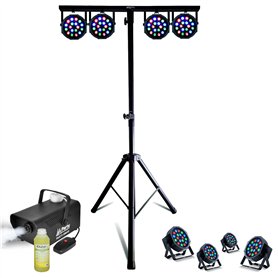 Mooving Light & Sound - Pack Pied Lumière ML-SUPPORT-DJLIGHT réglable - 4 projecteurs Par RGB - Machine à fumée - Fête Anniversa