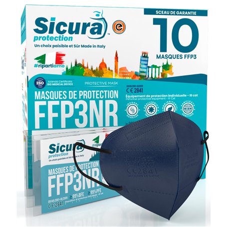10x Masque FFP3 Bleu élastiques noirs certifié CE fabriqué en Italie Haute Filtration Plus élevée BFE ≥99% PFE≥99% Masques 10 pi