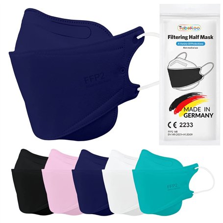 TubeRoo Lot de 5 masques FFP2 - Bleu foncé - En forme de poisson - Fabriqué en Allemagne - Certifié CE - Avec boucles d'oreilles