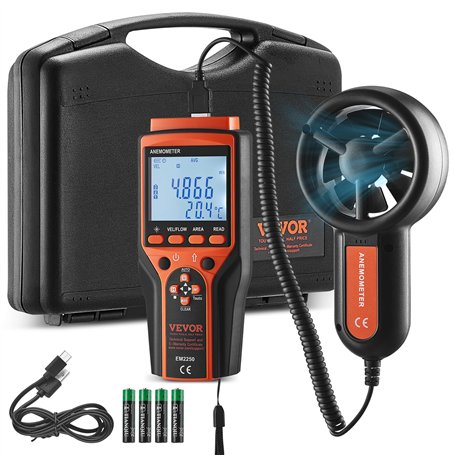 VEVOR Anémomètre Portable -10℃ à 60℃ Mesureur Numérique Vitesse du Vent CFM
