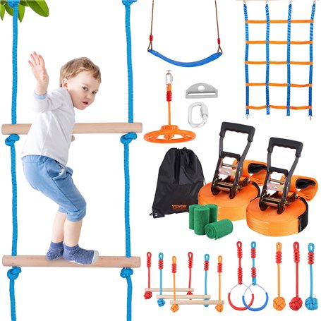 VEVOR Parcours Ninja pour Enfants Kit Slackline et Parcours d’Obstacles 2x17 m Charge 226
