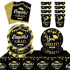 Kit Vaisselle Jetable Graduation Noir Or Félicitations Diplômé Assiettes Gobelets Serviettes Nappe Set Décoration de Fête de Rem