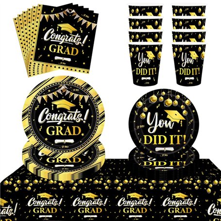 Kit Vaisselle Jetable Graduation Noir Or Félicitations Diplômé Assiettes Gobelets Serviettes Nappe Set Décoration de Fête de Rem