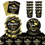 Kit Vaisselle Jetable Graduation Noir Or Félicitations Diplômé Assiettes Gobelets Serviettes Nappe Set Décoration de Fête de Rem