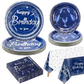 Décorations de fête d'anniversaire bleu marine et argent pour 20 invités