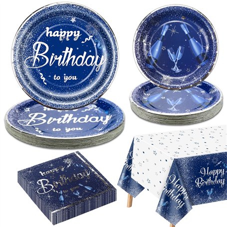 Décorations de fête d'anniversaire bleu marine et argent pour 20 invités