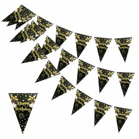 Moorle Guirlande Happy Birthday - Noir et Doré - Pour Homme et Femme - Fanions Or Noir à Paillettes - Pour Fille et Garçon