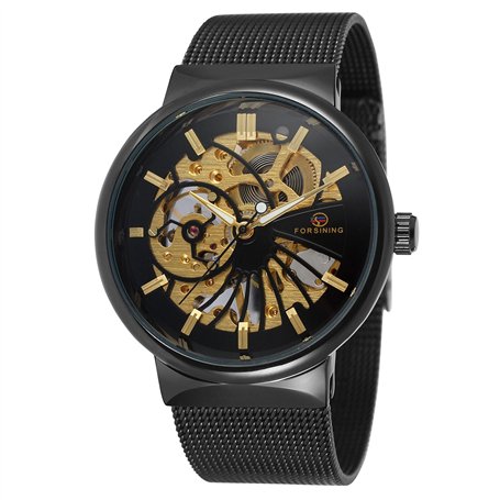 FORSINING Montre mécanique à remontage manuel pour homme - Bracelet en acier inoxydable - Maille squelette