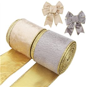 Lot de 2 rouleaux de rubans de Noël en velours doré et argenté avec bordure dorée