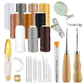 Lot de 32 outils de couture pour cuir - Aiguilles à coudre pour le cuir - Aiguilles à main - Fil ciré - Aiguilles alêne - Aiguil