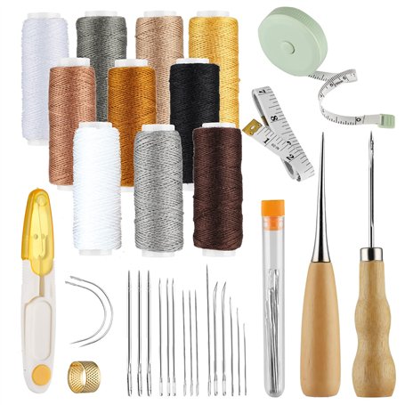 Lot de 32 outils de couture pour cuir - Aiguilles à coudre pour le cuir - Aiguilles à main - Fil ciré - Aiguilles alêne - Aiguil