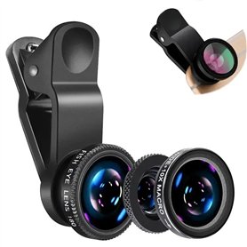 Set de 3 en 1 pour téléphone Portable - Adaptateur pour Appareil Photo à Clipser - Objectif Fisheye + Grand Angle (0