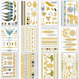 Transfert Temporaire Métalliques Tatouages Pour Les Femmes Teens Filles - 12 Feuilles Or Argent Tatouages Temporaires Briller Bi